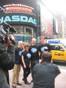 Gordon Korman, Jude Watson, Peter Lerangis, Patrick Carman in Times Square for NASDAQ opening